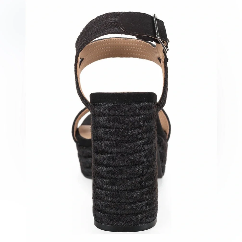 Black Jute straw woven open toe thick block heeled sandals